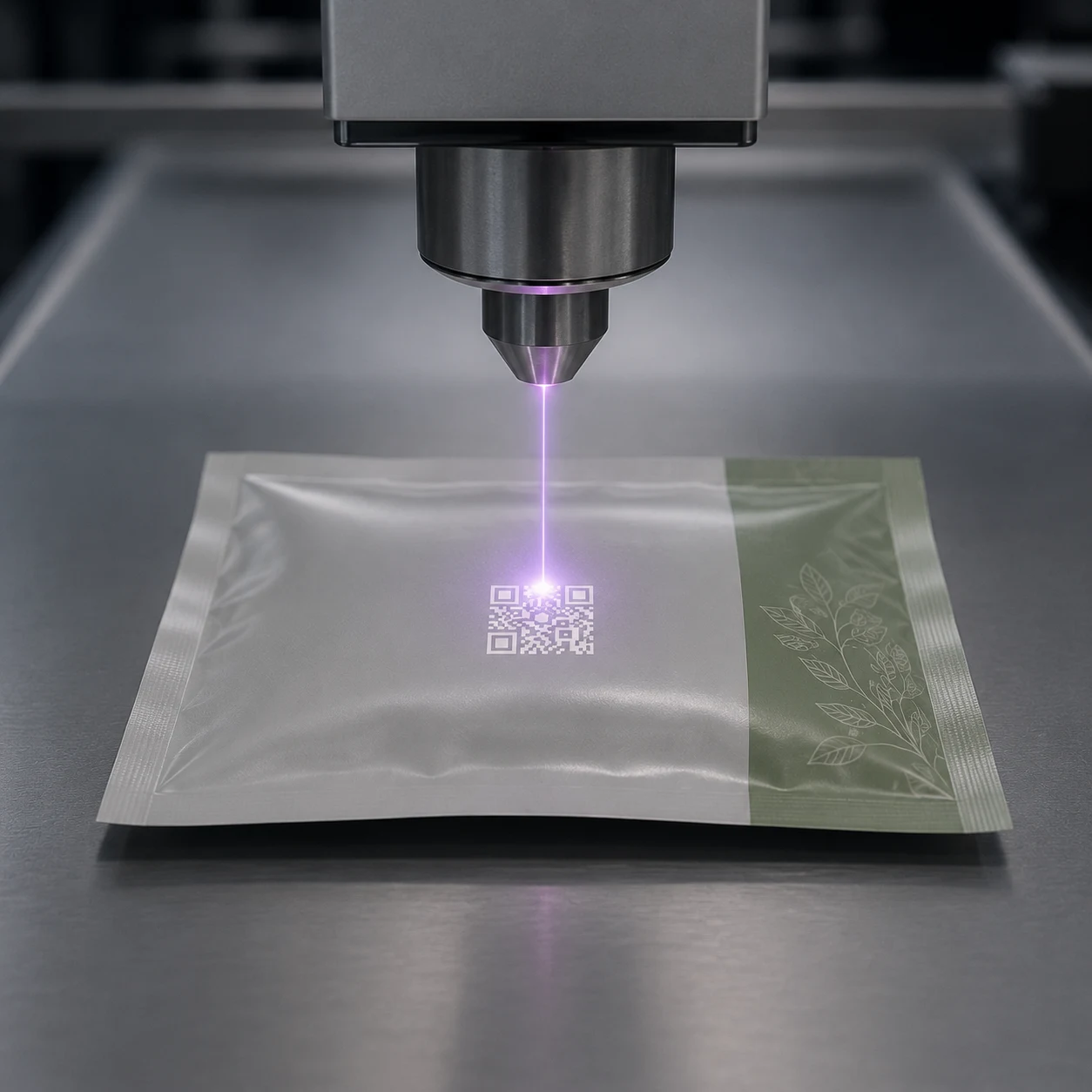 Multilayer flexible film with oxygen, moisture, and aroma barriers intact after low-power refractive laser marking.