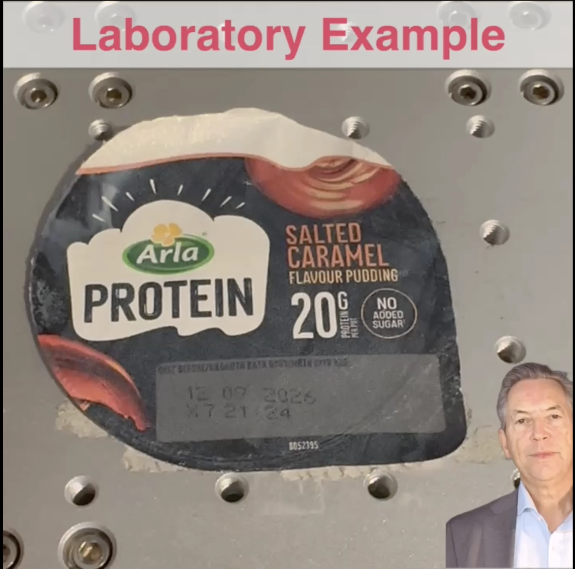Laser reactive coating demonstration: gray to white on a yogurt lid, scannable for GS1 Sunrise 2027 data.